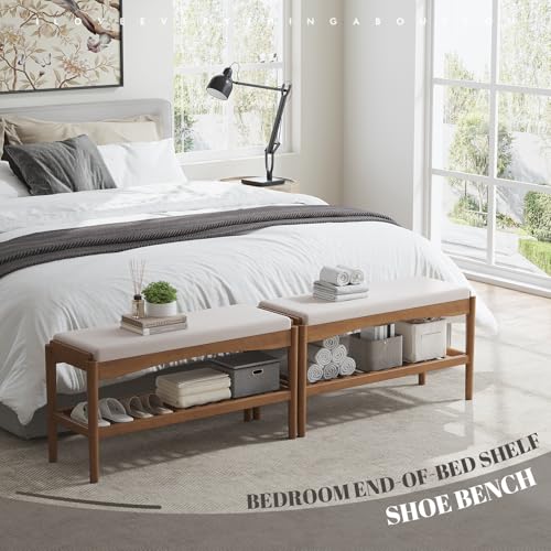 STDDRE Bamboo Shoe Bench with Cushion Seat 2-Tier Entryway Organizer, Brown-Beige, 31.5x11.4x16.5 Inches