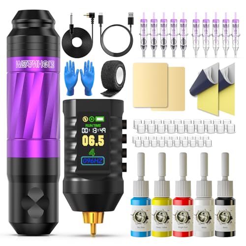 Purple Wireless Tattoo Gun Kit with Digital Display & 43pcs Supplies