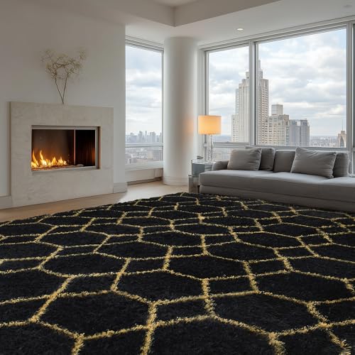 Black and Gold 8x10 Shag Rug - Soft Faux Fur Geometric Area Rug for Living Room - Variation of THIS listing