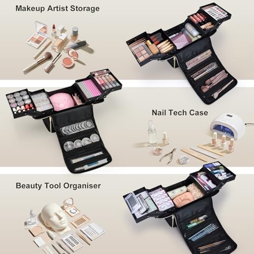 Large Travel Makeup Case with 4 Tiers, Organizer & Luggage Sleeve