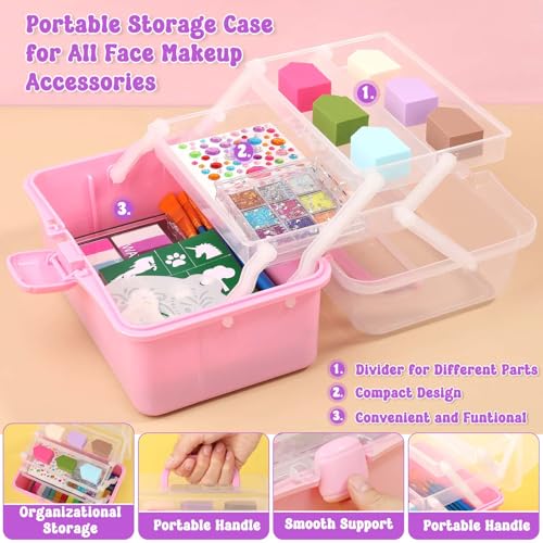 Kids Face Painting Kit with Organizer Box - Non-Toxic, Washable Party Makeup Set with Brushes, Gems & Stencils