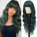 Dark Green Wavy Wig with Bangs for Women - 26 Inch Long Synthetic Hair, Natural Look, Heat Resistant, Adjustable Fit