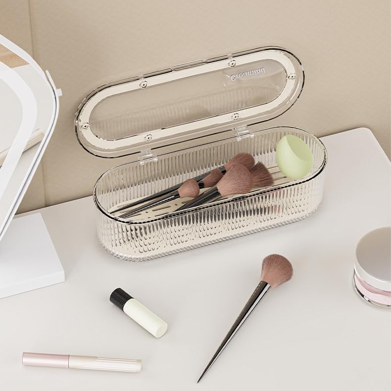 Makeup Brush Holder Organizer Set - Clear Acrylic Cosmetic Storage Case with Lid