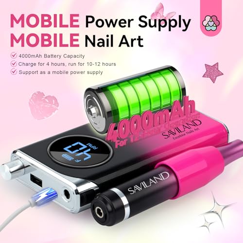 SAVILAND Professional Nail Drill for Acrylics & Jasmine Essential Oil : 2024 High Tech 40000RPM Electric Nail Drill 6000mAh Efile Machine Rechargeable Nail File Portable Nail Grinder Ceramic Drill Bit