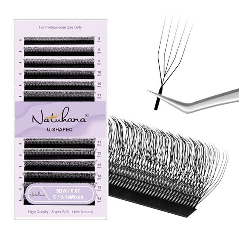 5D U Shape Lash Extensions Easy Fan Russian Volume U Eyelash C/D Curl 0.07mm Natural U Shaped 12 Rows Premade Eye Lashes Supply(Black,0.07C,8-14mm)