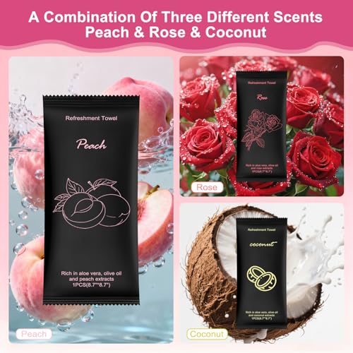 Moist Cotton Towel Bulk Moist Towelettes Individually Wrapped 8.7" x 8.7",White Towel Services,Refreshment Pre Moistened Towels Peach,Rose and Coconut for Sport Party Spa(Pack of 150)