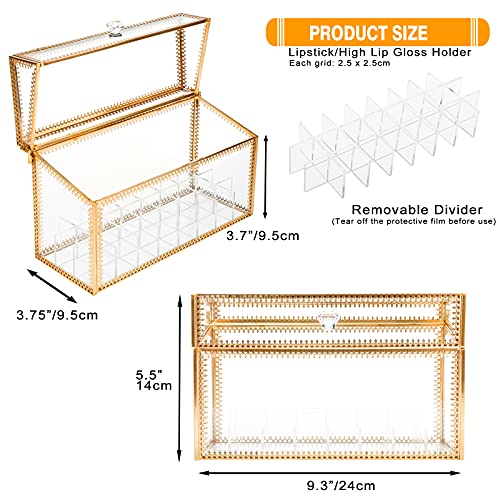 Glass Lipstick Organizer with Lid, 24 Slots Vintage Makeup Storage Box
