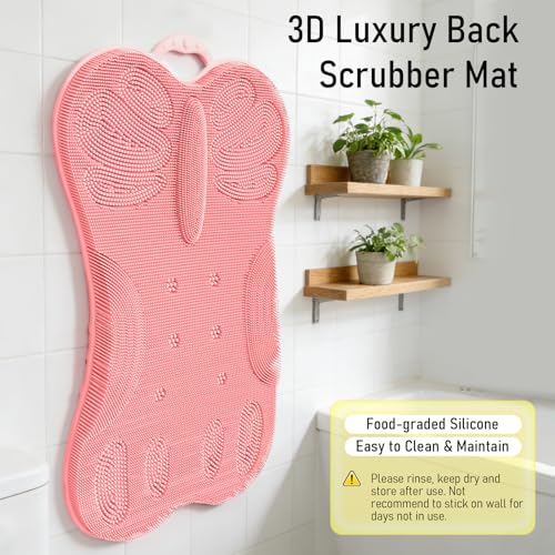 Back Scrubber for Shower Bath Wall Mounted Women XXL | Silicone Body Brush Scrub Mat with Curved 3D Back Support Power Suction Cups -Exfoliating Luxury Bathtub Cushion Pad Skin Care Home Spa Pink