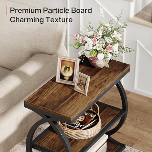 Narrow Rustic Brown End Table with 3 Tiers - Industrial Farmhouse Side Nightstand