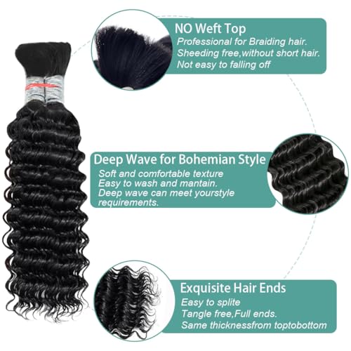 Natural Black Deep Wave Human Hair Braiding Extensions 16 Inch - Boho Braid Hair