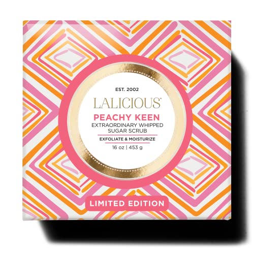 LaLicious Peachy Keen Extraordinary Whipped Sugar Scrub - Limited Edition Exfoliating Body Scrub with Creamy Peach & Jasmine Petals for Spring (16oz)