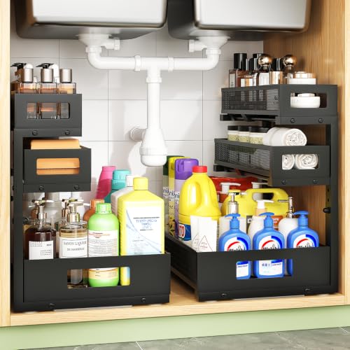 Under Sink Organizer 3-Tier Heavy Duty Pull Out Shelf - Black 2 Pack