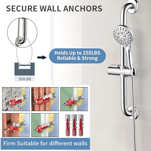 Stainless Steel Shower Grab Bar Set with Handheld Shower Head & Long Hose - Chrome Plated