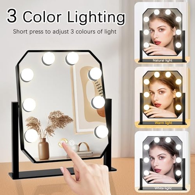 Hollywood Vanity Mirror with Lights - LED Makeup Mirror with 3-Color Dimmable Lights, Smart Touch Control, Detachable 5X Magnifier - Light Up Mirror for Bedroom, Tabletop Make Up Mirror with Lighting