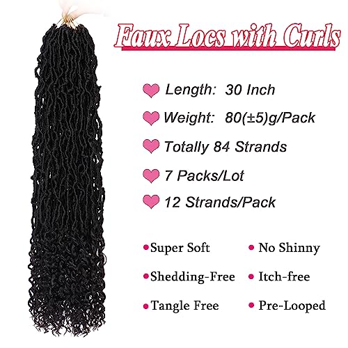 30 Inch Faux Locs Crochet Hair with Curly Ends - Goddess Soft Locs 1B# - Pack of 7