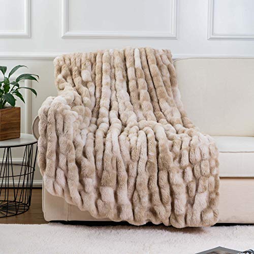 Luxury Faux Fur Throw Blanket - 60x80 Inches, Tie-Dye Beige, Soft & Cozy Couch Decor