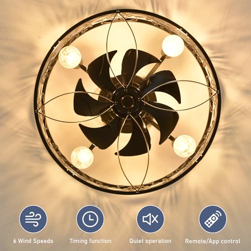 20-Inch Caged Ceiling Fan with Lights and Remote - Black, Flush Mount