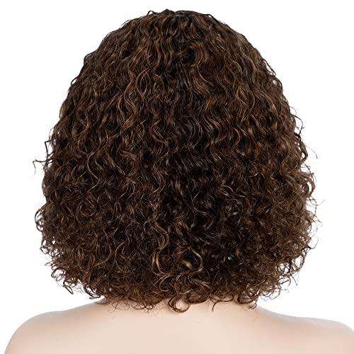 10 Inch Curly Human Hair Wig with Bangs for Black Women Brown & Gold