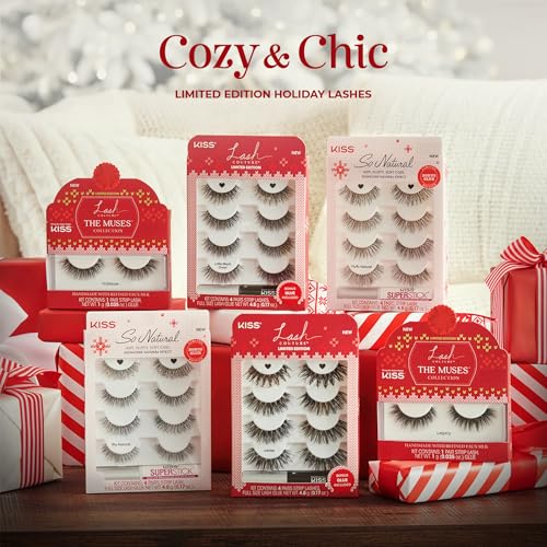 KISS So Natural Holiday False Eyelashes, ¡®Fluffy Natural¡¯, 10mm-12mm, Medium Volume, Tapered Ends, 3 Pairs + 1 Pair with Glitter, KISS SuperStick Strip Lash Adhesive, Clear, Net Wt. 4.8g (0.17 oz.)