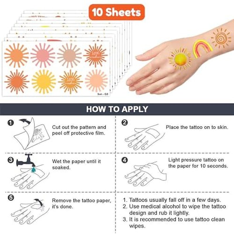 100PCS Boho Sunshine Sun Temporary Tattoos Themed Birthday Party Decorations Favors Supplies Decor Hello Sunshine Sunset Stickers Cute Gifts for Game Kids Boys Girls Class Prizes Carnival