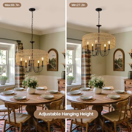 24 Inch Farmhouse Rattan Chandelier - Hand-Woven Boho Pendant Light with Black Metal Frame - Rustic Ceiling Light for Dining & Living Room - Variation B
