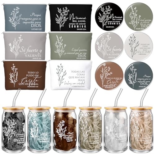 Christian Gift Set with Bible Style Accessories - 6 Pieces, Neutral Colors, 17oz Glass Cup, Makeup Bag & Mirror - Variation of 6 / Spanish Neutral Colors / 17 Ounces