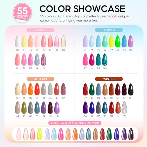 PEACECOLOR Gel Nail Polish Kit with U V Light 82PCS, 56 Colors Gel Polish Set with Cat Eye Gel Nail Polish 4Pcs Glossy/Matte/Glitter Top Base Coat Rhinestones Manicure Kit Gifts for Women Salon Home