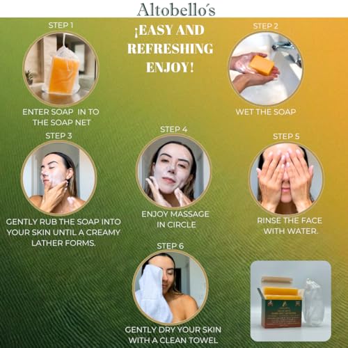 Altobello's Turmeric Kojic Acid Soap - Dark Spots Remover for Face & Body, Brightening Skin Lightening Bar with Vitamin C, Collagen, Hyaluronic Acid - 2 Bars + Exfoliating Net.