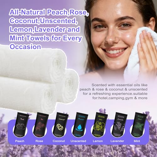 Moist Cotton Towel Bulk Moist Towelettes Individually Wrapped 8.7" x 8.7",White Towel Services,Refreshment Pre Moistened Towels Lavender Lemon Mint Unscented Peach Rose Coconut for Sport Spa (70)