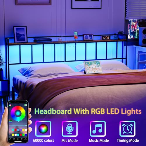 King Headboard with LED Lights and USB Outlets - Rustic Brown, Adjustable Height