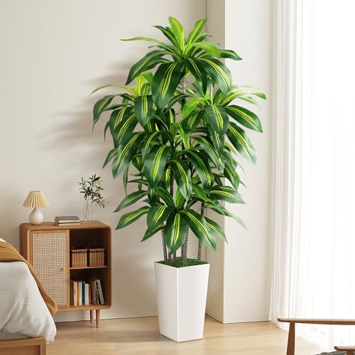 White 5FT Artificial Dracaena Tree Indoor with Planter - Realistic Faux Plant