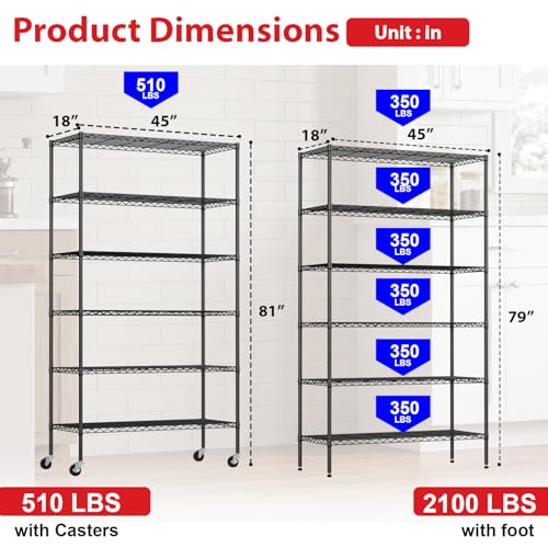 PayLessHere 6-Tier Wire Shelving Unit with Wheels - 45x18x82 Black Heavy Duty Storage Racks