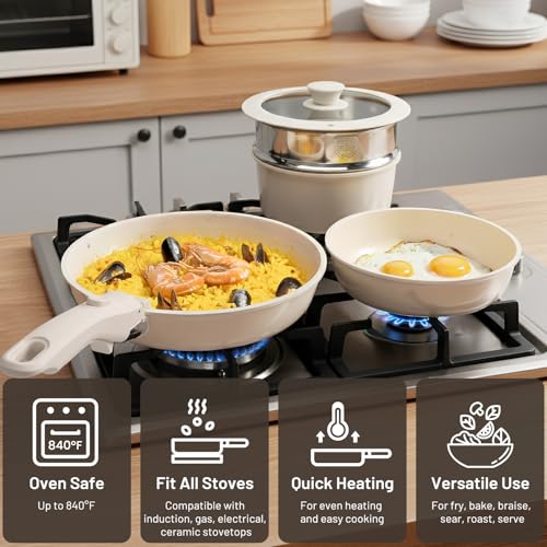 Cream Nonstick Cookware Set with Detachable Handles - 25 Piece Space-Saving Ceramic Pots and Pans for RV & Home