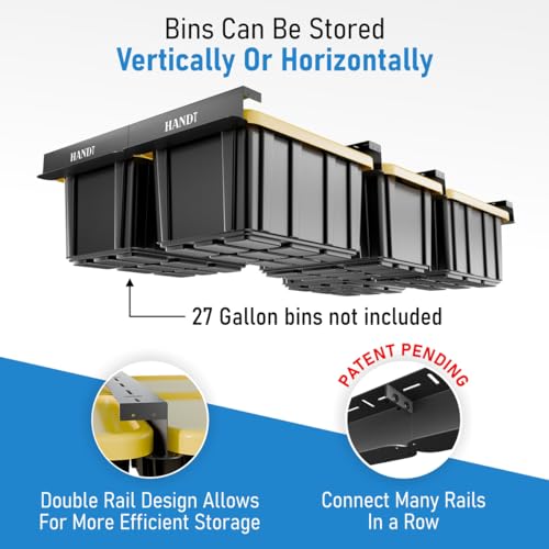 HANDT 6 Bins Garage Ceiling Storage Rack - Heavy Duty Overhead Shelving System, Connectable Metal Rails, Supports Up To 100 Lb, Black