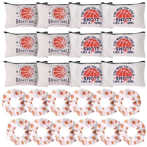 12 Pcs Basketball Makeup Bag & 12 PCS Sport Elastic Scrunchies Gifts Stuff Set Portable Travel Cosmetic Bags with Zipper Elastic Hair Bands Basketball Accessories for Girls (White)