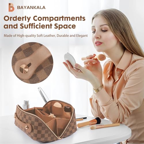 Leather Travel Makeup Bag, Large Capacity Cosmetic Bag for Women, Waterproof Portable Pouch with Divider, Toiletry Organizer with Handle, 10.5x5x5 Inches, Deep Brown