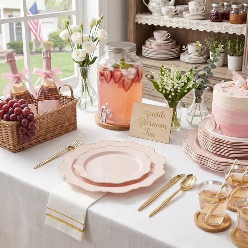 350Pcs Pink and Gold Disposable Plates Set for 50 Guests – Pink & Gold Dinnerware, 350 Pieces (50 each: plates, napkins, cutlery, cups) – WDF