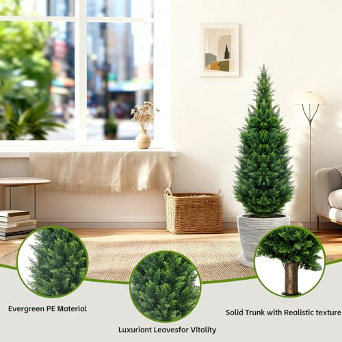 GZFDY 3Ft Artificial Cedar Topiary Trees (2-Pack) with Ground Spikes - UV-Resistant Indoor & Outdoor Faux Shrubs, Green Ground Spike Cedar-2pcs