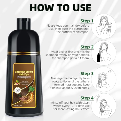 MOISTAR Chestnut Brown Hair Color Shampoo 3-in-1 Tinted Hair Dye for Gray Hair Coverage 500ML
