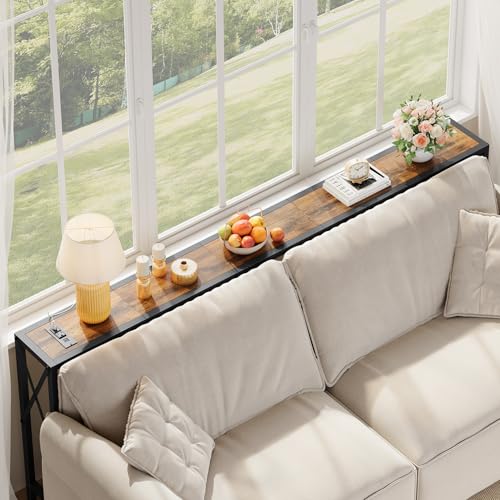 Rustic Brown 70-Inch Narrow Sofa Table with Outlets Behind Couch