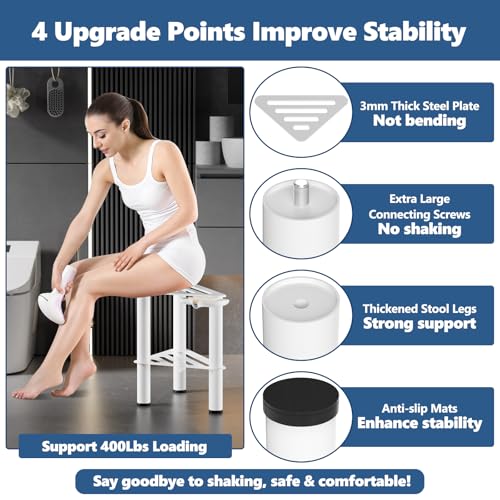 Metal Corner Shower Foot Stool with Soap Box, Rust-Proof, Shower Foot Rest Bench for Inside Shower Shaving Legs, Small Step Stools with Storage Shelf, Non-Slip Bath Stool (White)