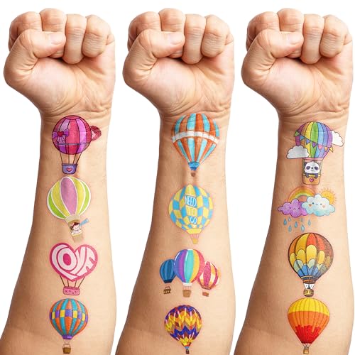 96PCS Hot Air Balloon Temporary Tattoos for Kids - Cute Birthday Party Supplies, Fun Stickers for Boys & Girls, Party Favors, School Prizes, Baby Shower Decorations