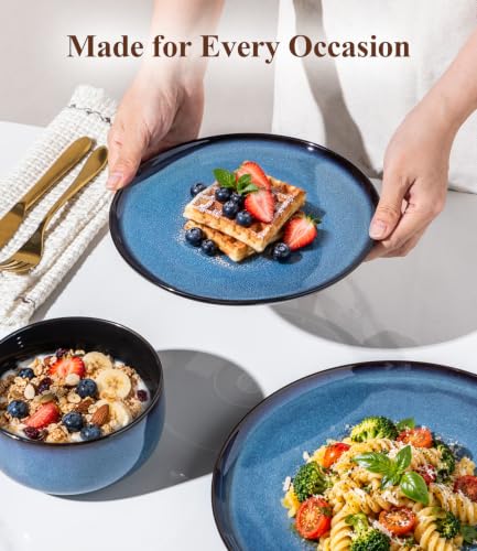 LeRatio Ceramic Dinnerware Set for 4 - Modern Blue 12 Pieces, Plates & Bowls