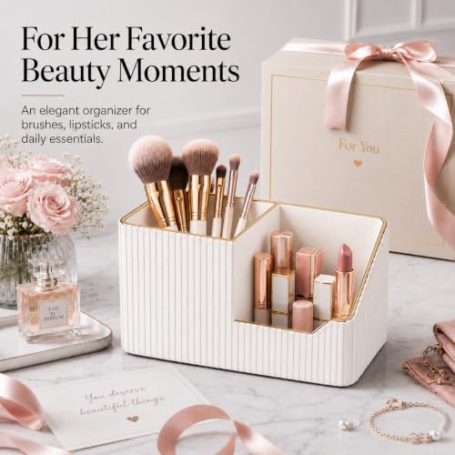 GORESE Leather Makeup Brush Holder with Lipstick Organizer - Ivory White