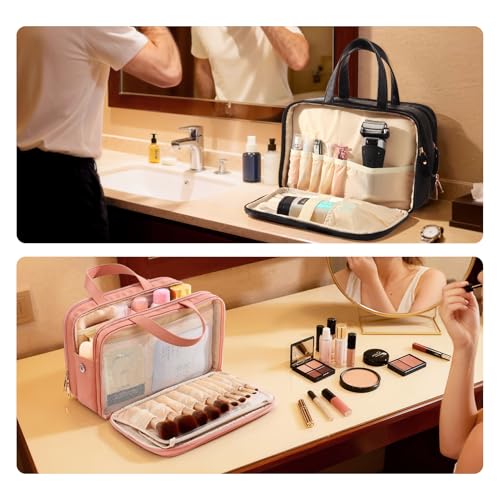 Black Travel Makeup Bag for Women with Luggage Sleeve & 25 Pockets