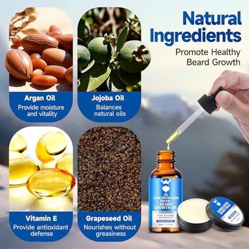 Beard Growth Oil & Beard Balm - Beard Growth Kit with 2X Concentration Biotin for Men, Natural Ingredients with Argan Oil, Jojoba Oil and Vitamin (Sandalwood)