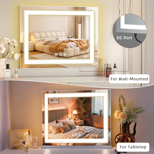 Beige Vanity Mirror with Lights - 22x19 Inch Backlit & Front Lit Hollywood Style