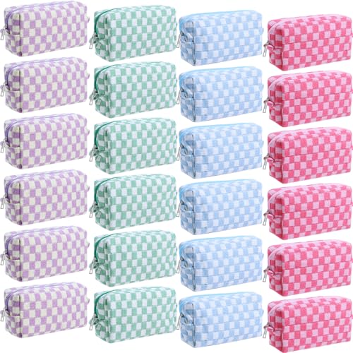 Giesiery 8 Pcs Checkered Makeup Bag Bulk Cosmetic Organizer for Women & Teens Preppy Travel Toiletry Pouch for Skincare & Brushes Bridesmaid Proposal Gifts (24, Pastel Color)