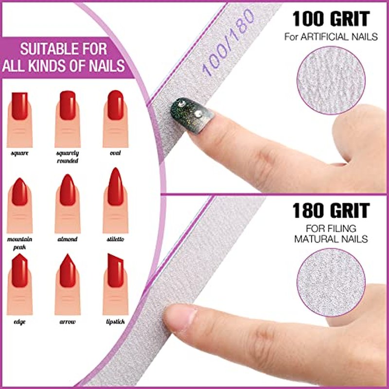 150 Pieces 100/180 Grit Nail Files Double Sided Emery Boards Washable Reusable Nail Buffers Manicure Tools for Natural Acrylic Toenails Home and Salon Use