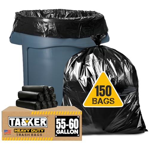 Heavy Duty 55-60 Gallon Trash Bags - 150 Pack Large Black Garbage Bags for Yard & Outdoor Waste - Tasker